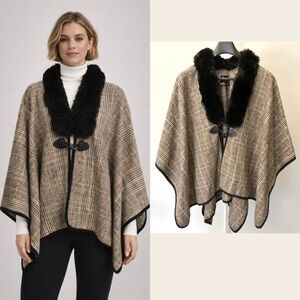 Vintage brown & beige plaid cape/poncho with black faux fur collar.